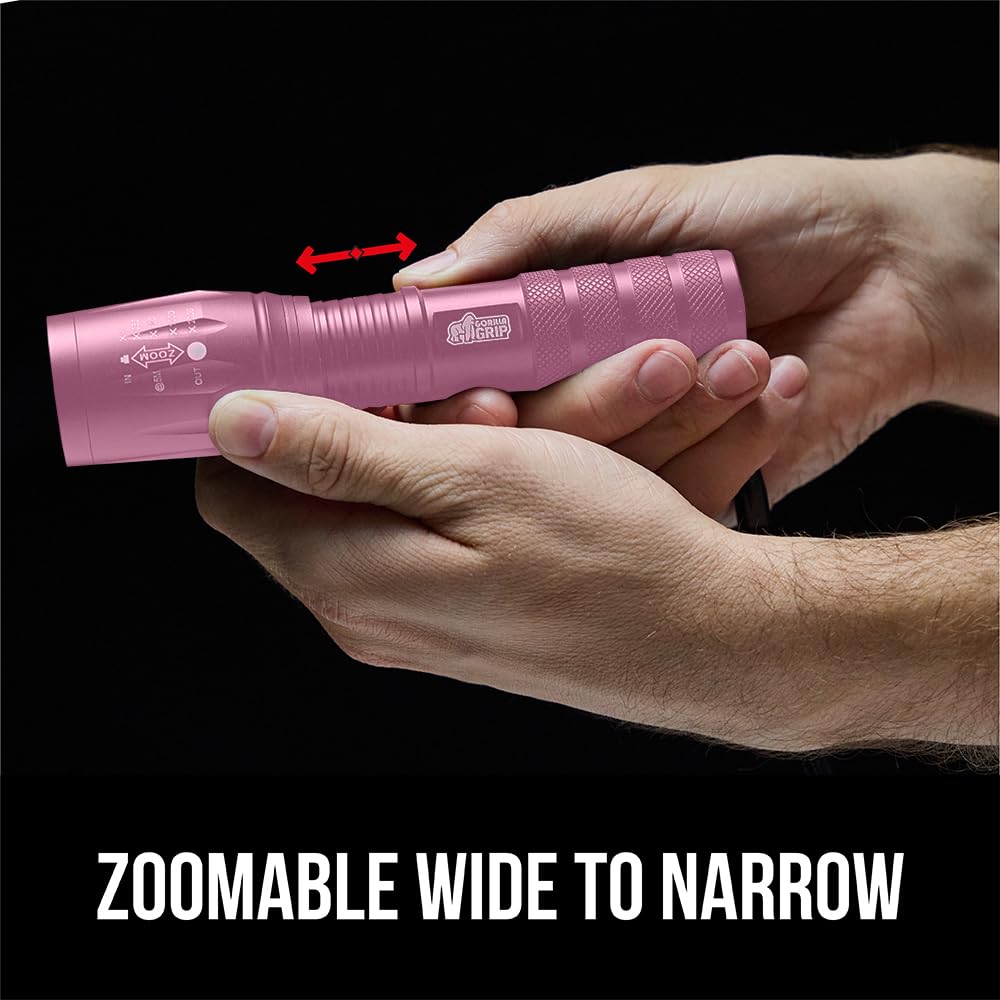 GORILLA GRIP Powerful LED 750 FT Water Resistant 5 Adjustable Mode Tactical Flashlight, High Lumens Ultra Bright Battery Life Zoom Flashlights, Small Camping Car Mini Flash Light Accessories, Pink