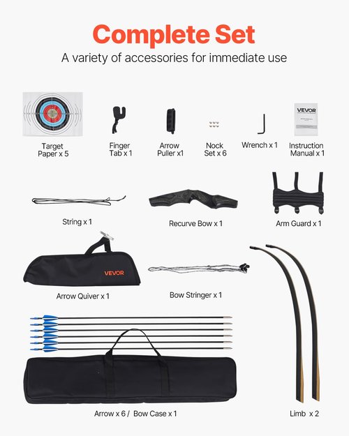 VEVOR Recurve Bow and Arrows Kit, 60 inch Wooden Takedown Bows, Right Handed Ergonomic Archery Recurve Bow Package, Longbow for Outdoor Target Training Practice Hunting, Beginners to Advanced, 30 lbs