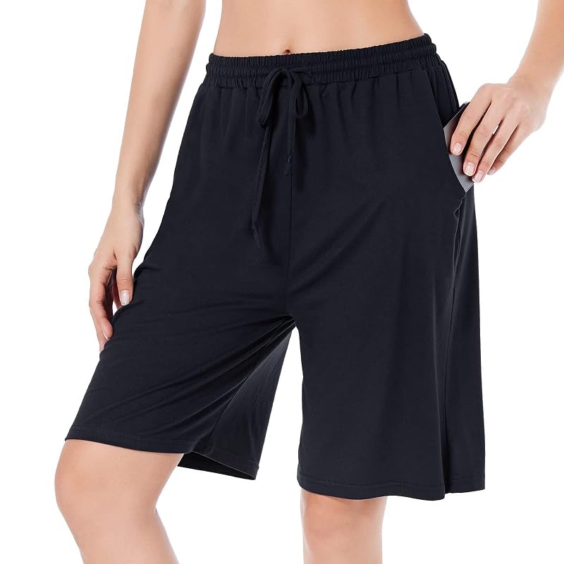 CULAYII Women’s Bermuda Shorts - Long Athletic Yoga Shorts with Pockets, Black, Medium