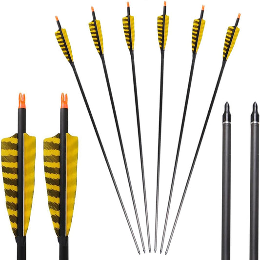 32 Inch Carbon Archery Arrows，Spine 400 with Removable Tips, 4inch Turkey Feather, Hunting and Target Practice Arrows for Compound Bow and Recurve Bow, 6 Pack (Yellow and Black)