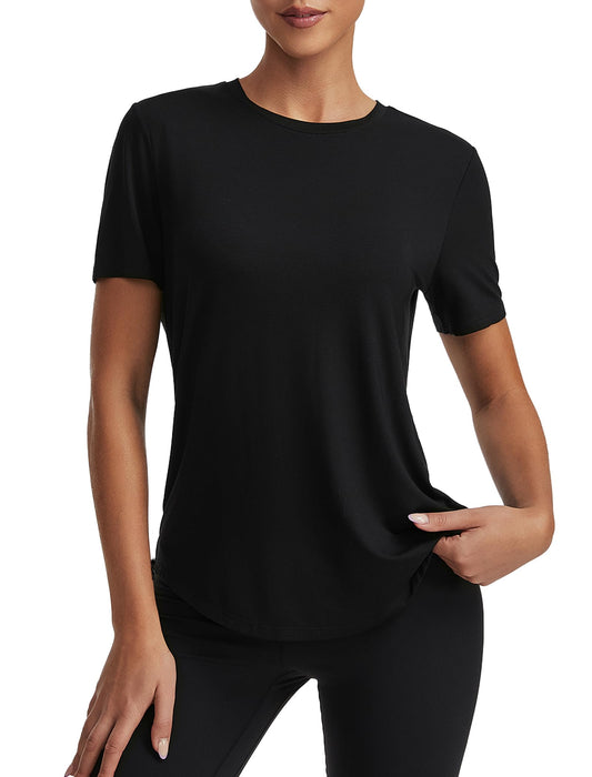 kakola Women's Workout T-Shirt Loose Fit Modal Tops Short Sleeve Blouse Summer Casual Tee Black