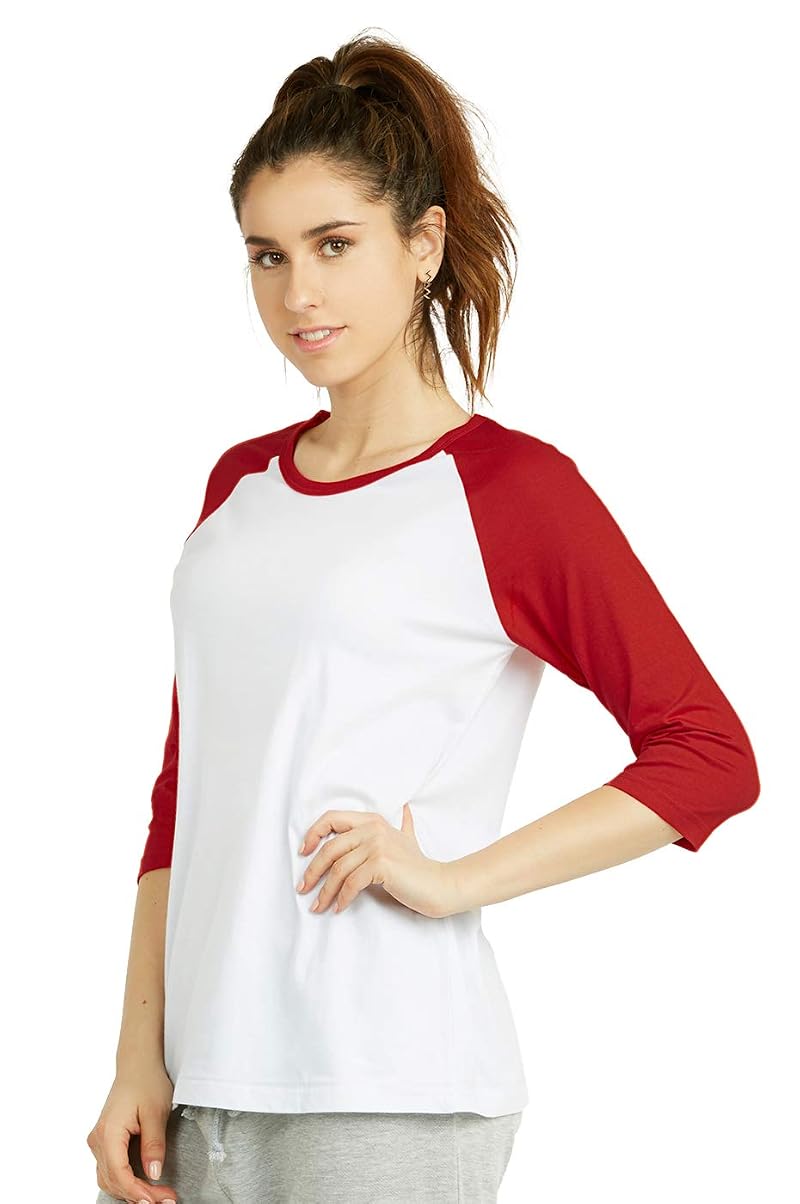 Cottonbell Women’s Baseball Tee Shirt 3/4 Sleeve White/Red Medium