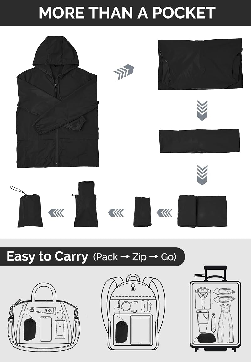 Zando Lightweight Rain Jacket for Men - Waterproof Hooded Windbreaker, Black XL