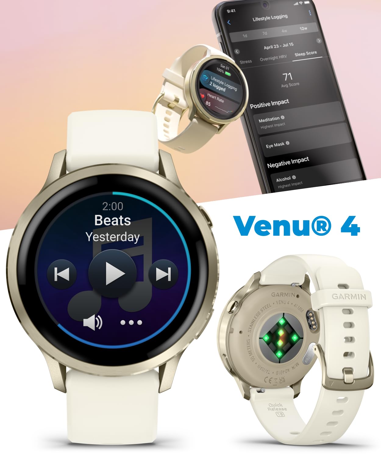 Garmin Venu 4 41mm AMOLED Advanced Health & Fitness GPS Smartwatch, Bright & Colorful Display, Built-in Flashlight, Up to 10 Days, Lunar Gold w/Bone Silicone Band w/Wearable4U PowerBank Bundle