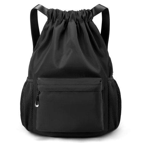 LOKAPEGY Black Drawstring Backpack for Women, Waterproof Drawstring Gym Bag for Men, Small Cinch Sack for Basketball, Pull String Sport Bag for Soccer.
