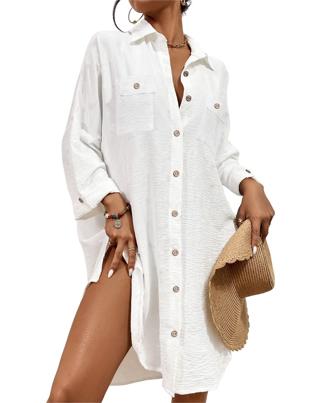 Bsubseach Womens Modern Swimsuit Cover Up Blouse Button Down Shirt Dresses Tops