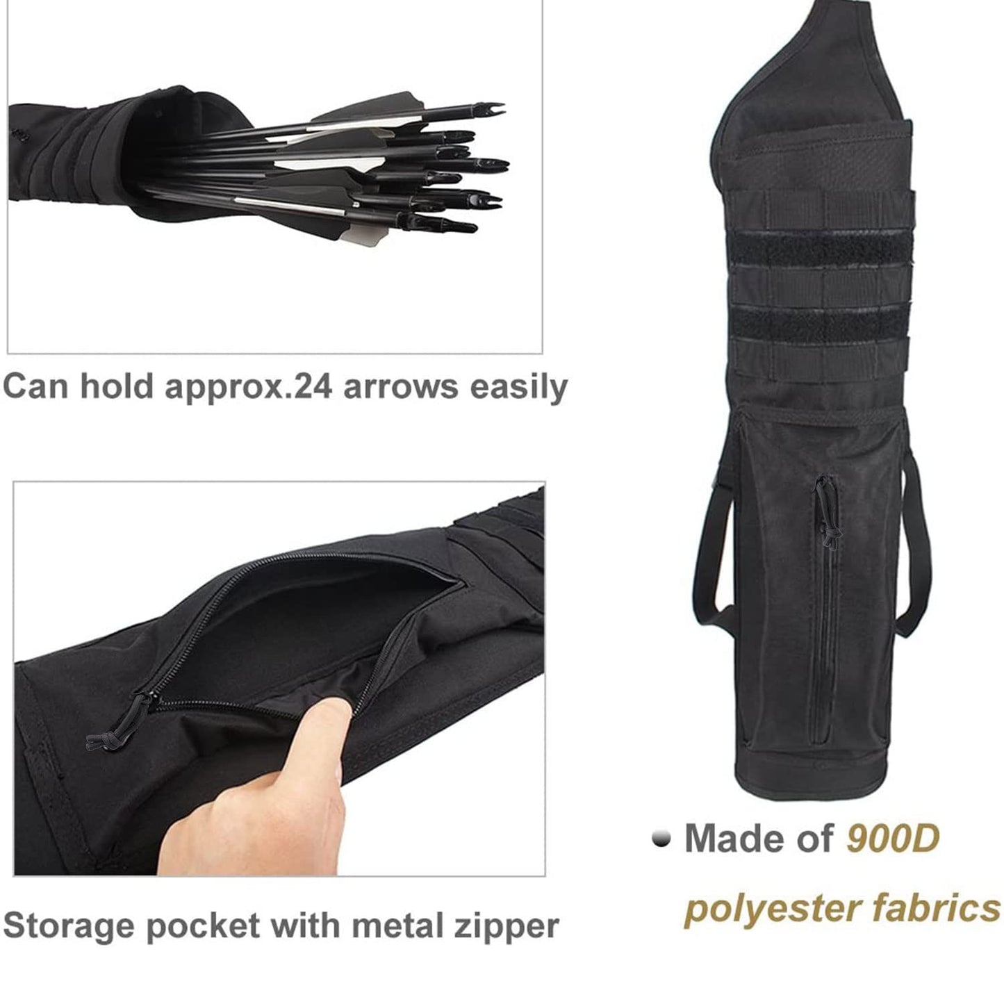 Kratarc Archery Multi-function Heavy Duty Back Arrow Quiver with Molle System Shoulder Hanged Target Shooting Quiver for Arrows (Black- for Right-handed)