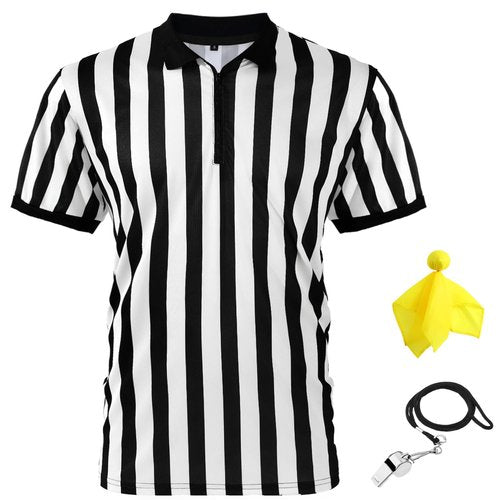 Syhood Men's Referee Shirt Stripe Umpire Jersey, Penalty Flag and Whistle for Football Soccer Sports and Halloween Cosplay(Large)