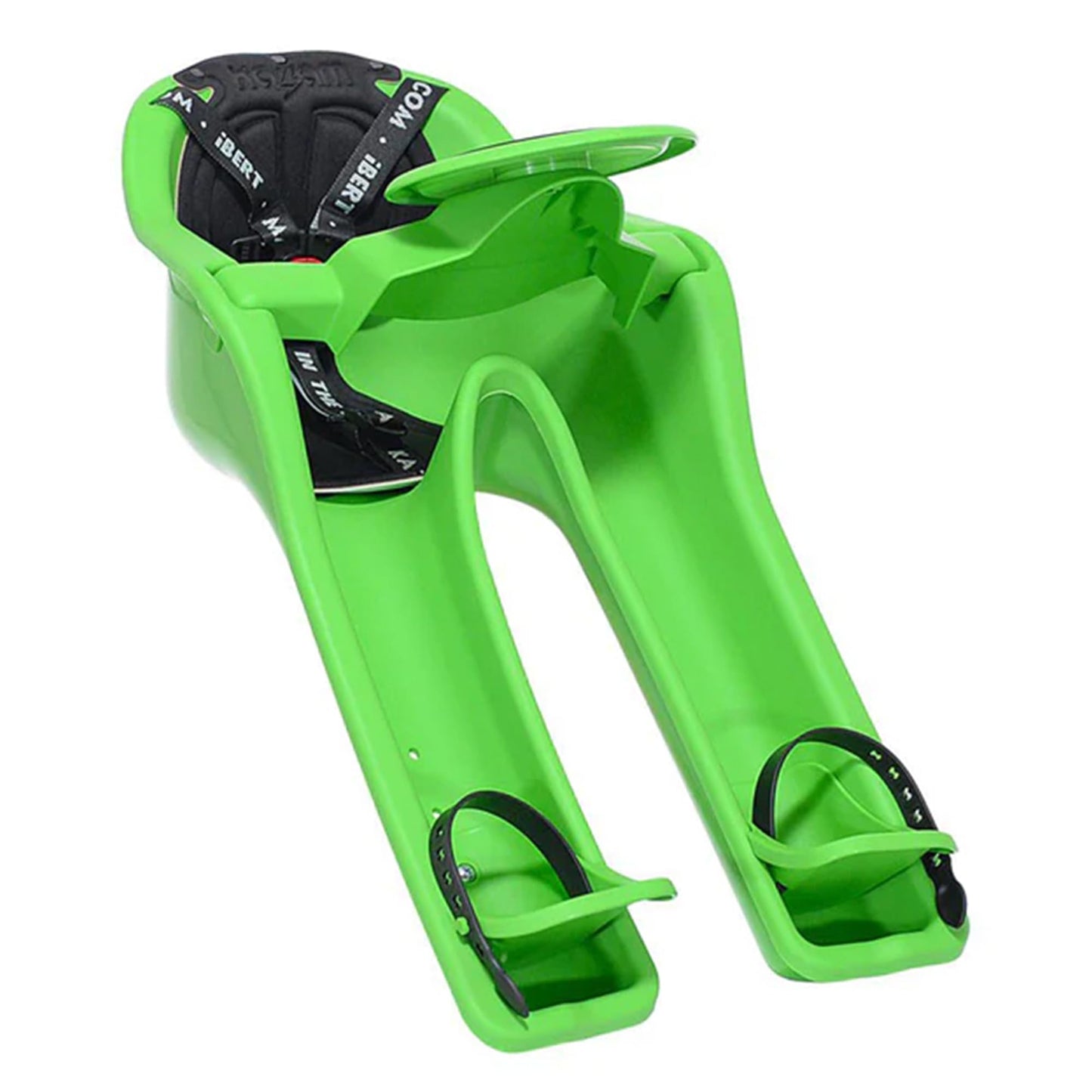 iBert Front Mounted Child Seat - Green - Comfortable Child’s Bike Seat for Sunny and Rainy Days - Baby’s Bike Seat with a Secure Harness and Height Adjustable Foot Cups for Family Biking Adventures.