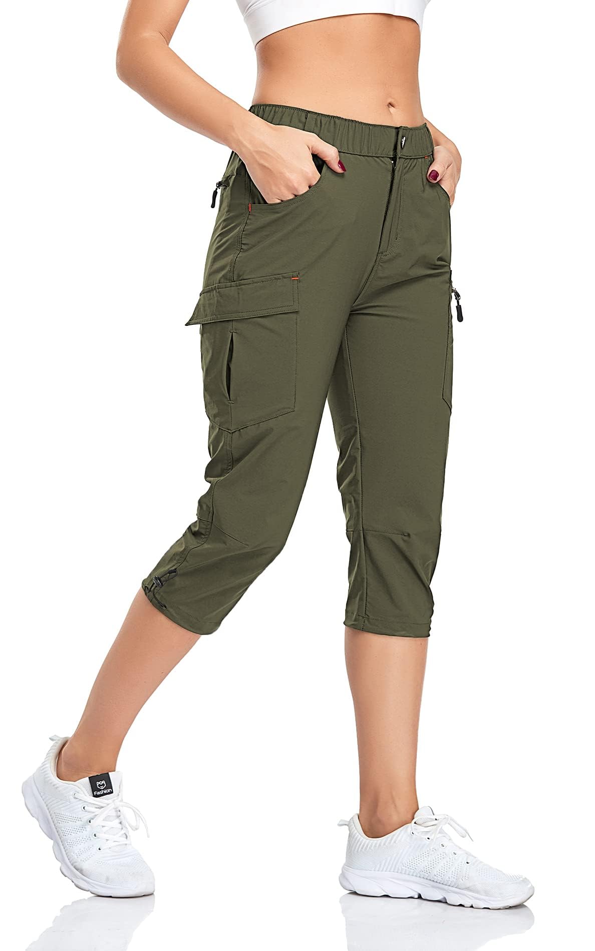 GYMBRAVE Women's Hiking Cargo Pants Quick Dry Outdoor Camping Capris Water Resistant UPF 50 with Zipper Pockets Armygreen