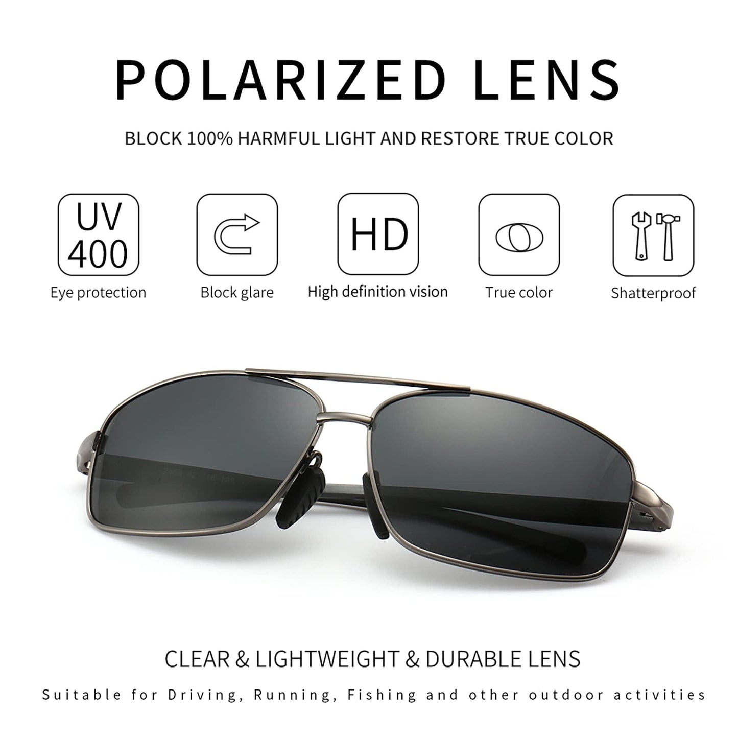 SUNGAIT Ultra Lightweight Rectangular Polarized Sunglasses Men UV400 Protection (Gunmetal Frame Gray Lens, 62) Metal Frame SGT458 QKH-CA