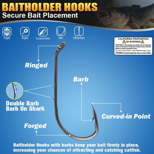 Catfish Hook Set Offset Octopus Circle & Baitholder Hooks 100-Pack Assorted Sizes 8/0 to 2/0 –Fishing Accessories (Catfish Hook Set -100 Pack Assorted)