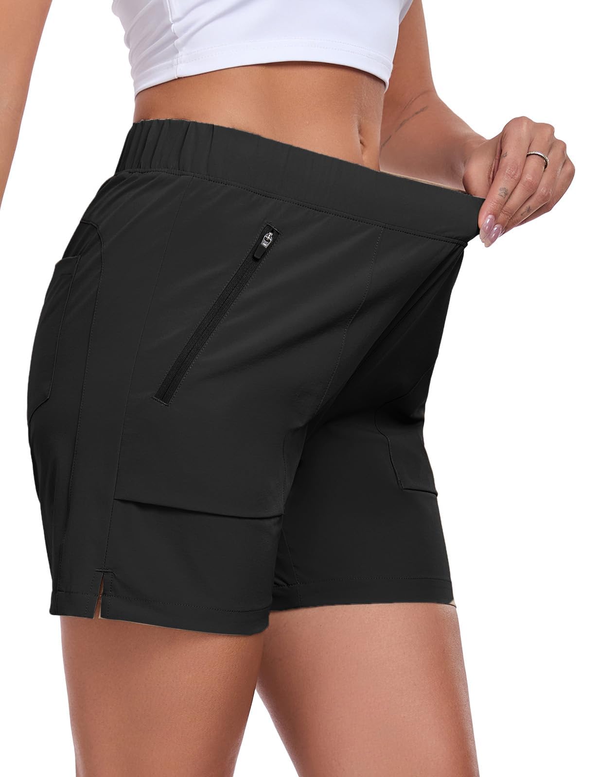 Nomolen Womens 5'' Hiking Athletic Shorts Quick Dry Lightweight Golf Casual Summer Shorts with Zipper Pockets Black L
