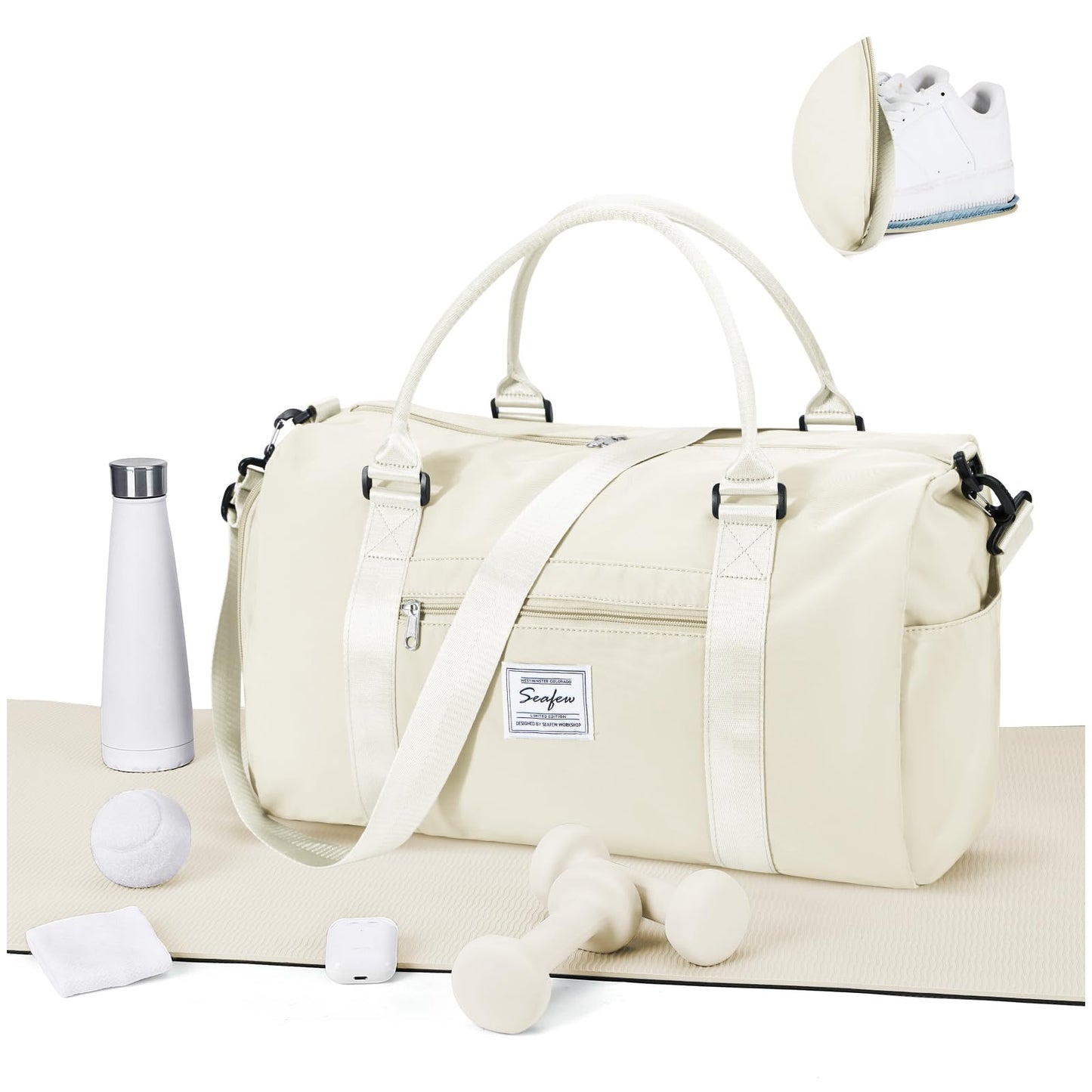 Gym Bag for Women Men with Shoes Compartment and Wet Pocket,Sport Swimming Yoga Bag,Waterproof Travel Duffel Bag Small Carry on Bag Overnight Weekender Bags Personal Item Bag for Airlines Cream White