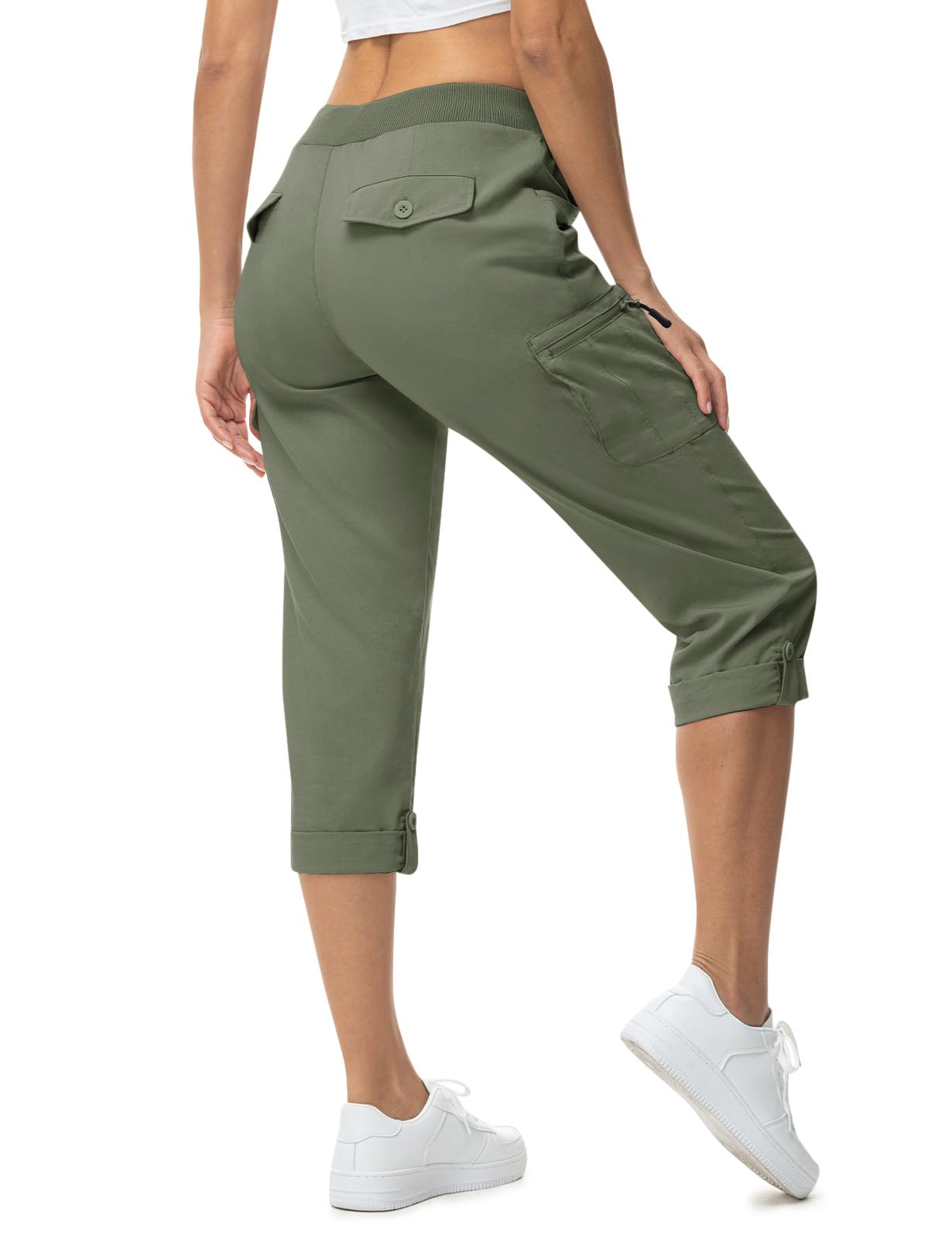 TBMPOY Womens Cargo Capris with Pockets Lightweight Hiking Capris Pants Quick Dry Casual Cropped Pants Summer Trip Cotton Army Green L