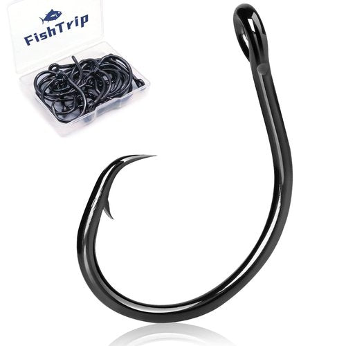 FishTrip Circle Hooks Saltwater 25pcs,in-Line Circle Fishing Hooks 5X Strong for Catfish,Black/High Carbon Steel/Non-Offset/Closed Eye/Wide Gap for Striped Bass Salmon (Size 6/0)