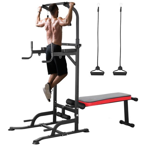 Arlopu Power Tower with Bench, Pull Up Bar Stand, Dip Bar w/Folding Bench 4 Ropes Strength Training, Multi-Function Fitness Equipment for Home Gym, Adjustable Heights and Angles Dip Station, 400LBS