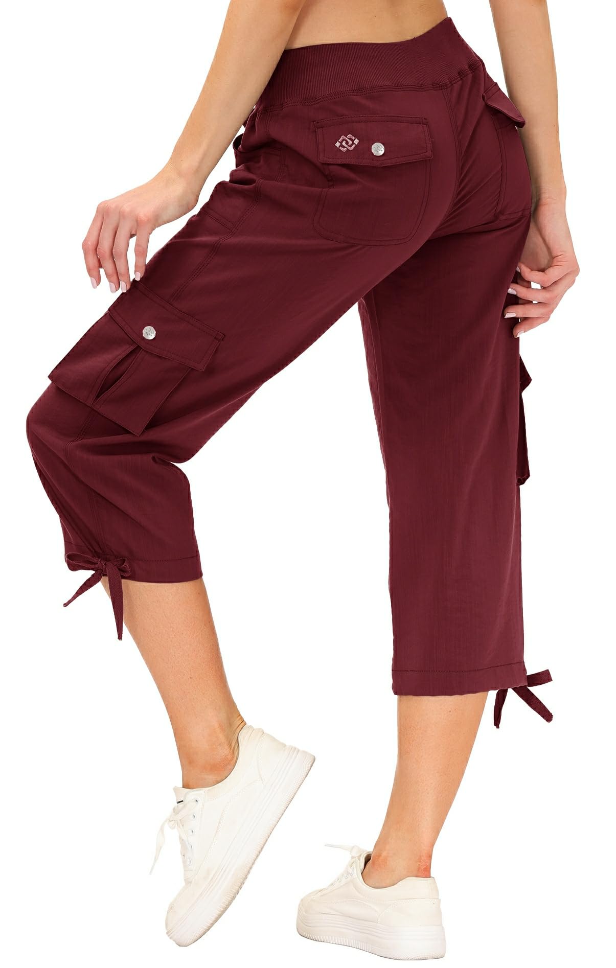 MoFiz Womens Capris with Pockets Loose Fit Casual Capri Pants Dressy Lightweight Ladies Baggy Cargo Pants for Hiking Burgundy Red 3XL