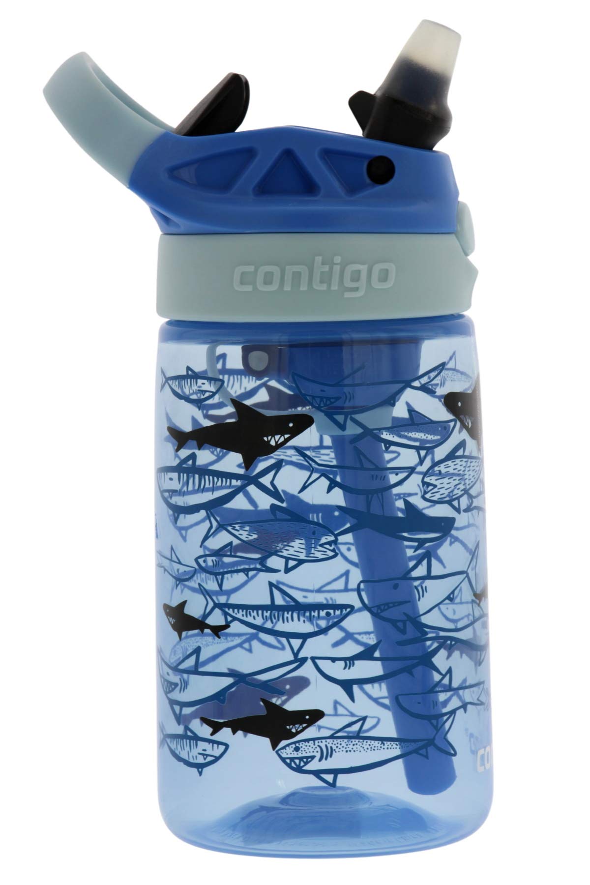 Contigo Aubrey Kids Cleanable Water Bottle with Silicone Straw and Spill-Proof Lid, Dishwasher Safe, 14oz, Blue Sharks