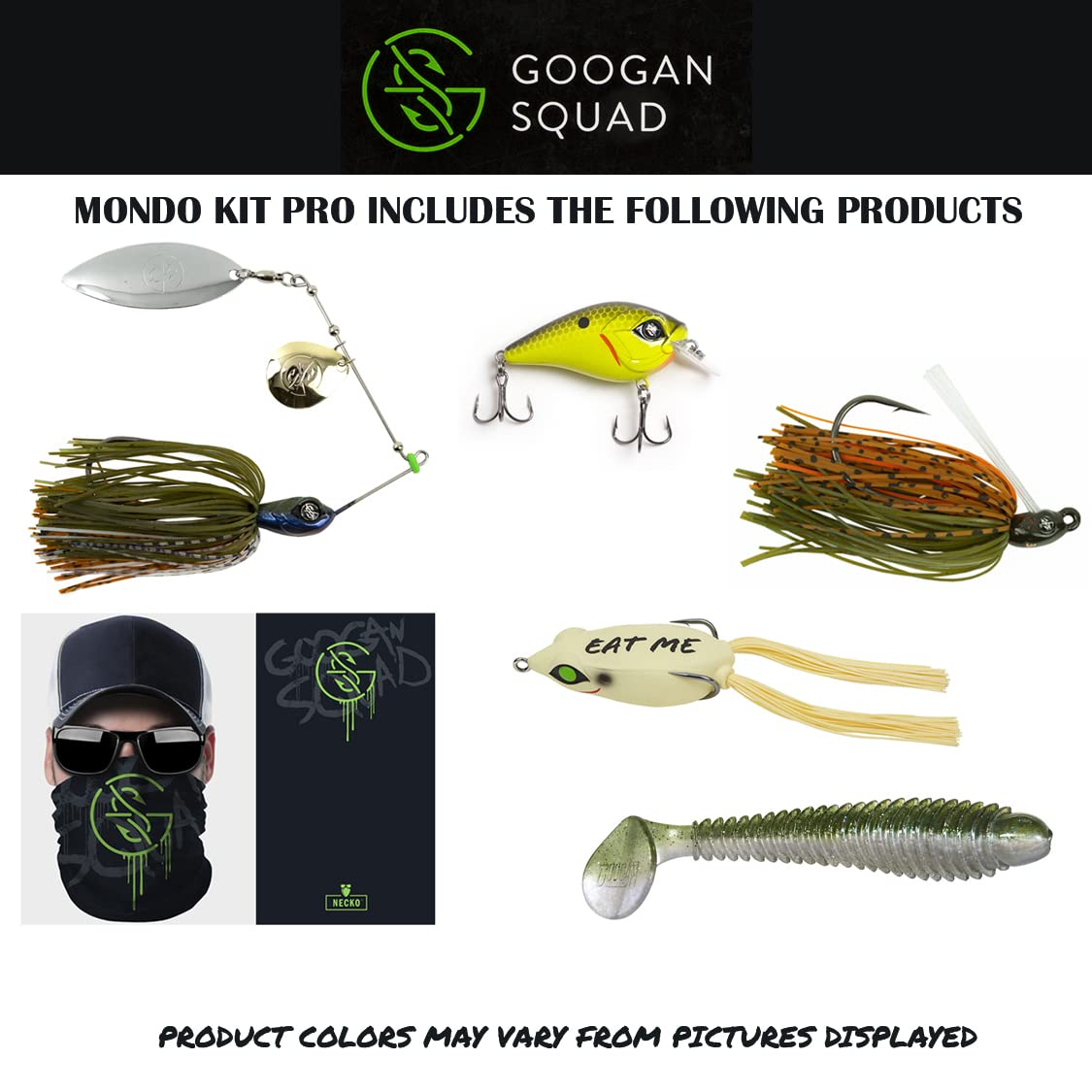 Catch Co Googan Squad Bass Fishing Mondo Kit PRO | Googan Squad Mini Banger, Zinger, Grass Hero, Filthy Frog, Saucy Swimmer, and Necko Sun Mask