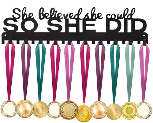 Lapetale Fashion Sports Medal Hanger Display Holder Hook Rack for 60 Medals – She Believed She Could So She Did (16" Wide with 20 Hooks) - Black- Awesome Gifts