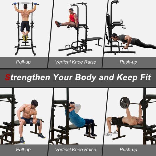 Multifunctional Power Tower & Pull Up Bar with Adjustable Height Dip Station - Foldable Bench Home Gym Equipment for Full-Body Strength Training