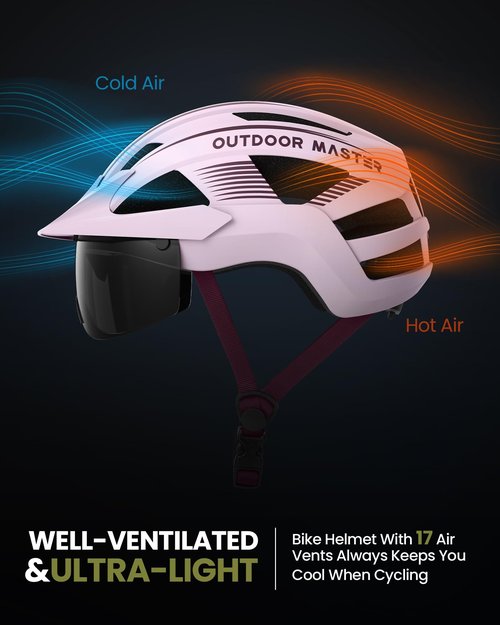 OutdoorMaster Helmets for Adults - Mountain & Road Bike Helmet with Rechargeable Safety Light, Detachable Goggles and Sun Visor - Easy to Adjust, Breathable, Lightweight - Medium