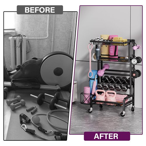 Dumbbell Rack, Weight Rack for Home Gym Storage Rack with Lockable Wheels & Hooks, Workout Equipment Storage for Yoga Mat Foam Roller Kettlebells Resistance Bands
