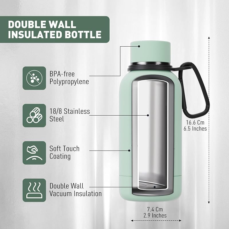 Exllena 12 oz Double-Wall Stainless Steel Water Bottle with Clip - Mint Variation