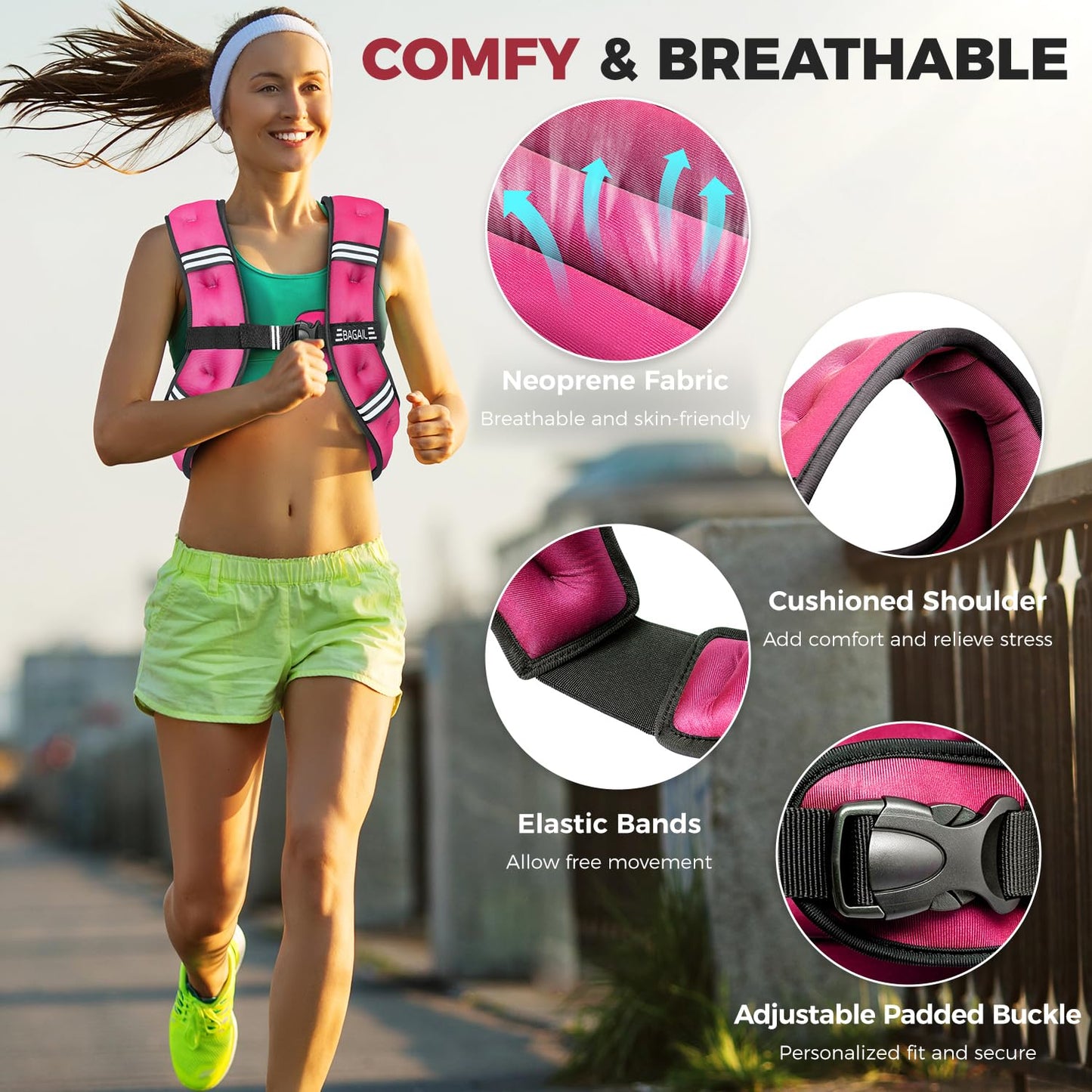 BAGAIL Comfort-Fit Weighted Vest for Woman, Even Weight Distribution, Faster Weight Loss, No-Chafe or Bounce for Walking & Running with Detachable Phone Pouch & Reflective Stripes (Available 5-30lbs)