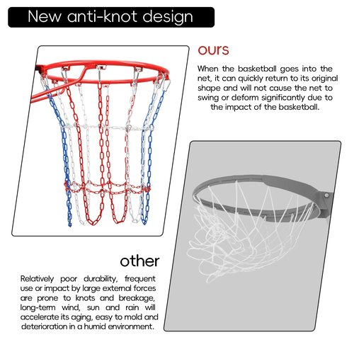Basketball Net Replacement Heavy Duty, Carbon Steel Chain Basketball Net, Anti-Rust Use Indoor Outdoor Standard 12-Ring Basketball Hoop, Quick Installation