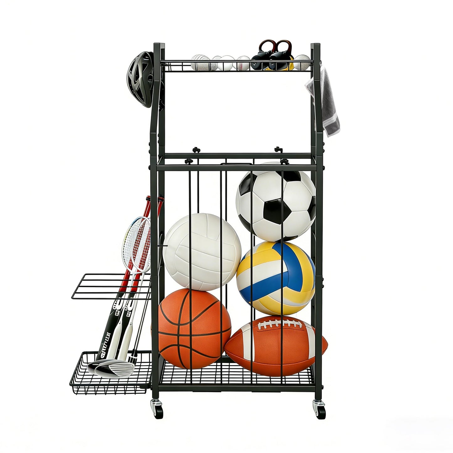 hanmir Ball Storage Rack for Garage, Rolling Sports Ball Organizer with Wheels, Baskets and Hooks, Sports Equipment Storage for Basketball Soccer Football, Garage Organizer (Black)