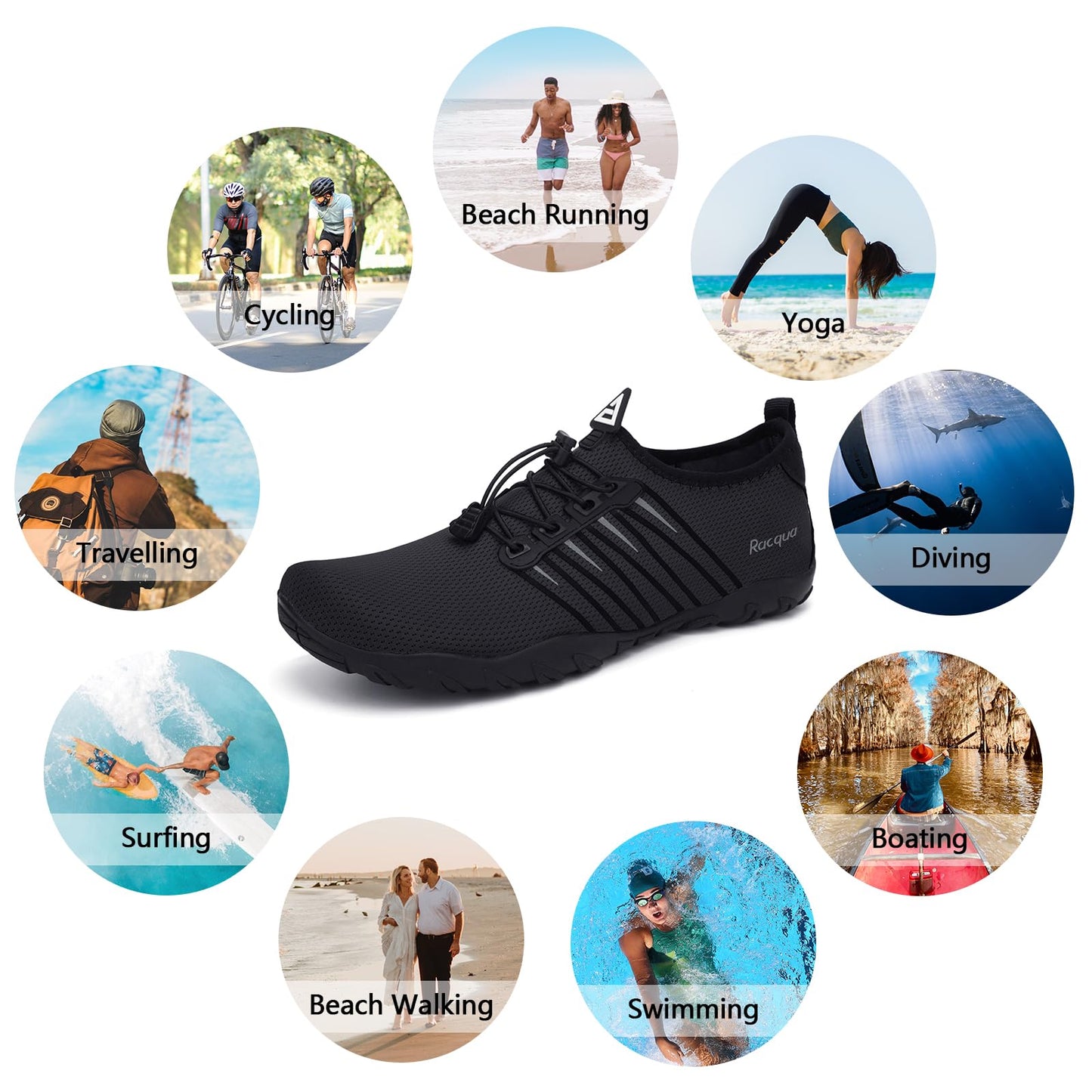 Racqua Pool Shoes Quick Dry Barefoot Water Aqua Sport Beach Swim Surf Diving for Men Women Black 9 Women/8 Men