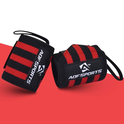 AQF Power Weight Lifting Wrist Wraps Supports with Thumb Loop for Gym Strength Training, Powerlifting, Bodybuilding and Deadlifts (Red & Black, 18")