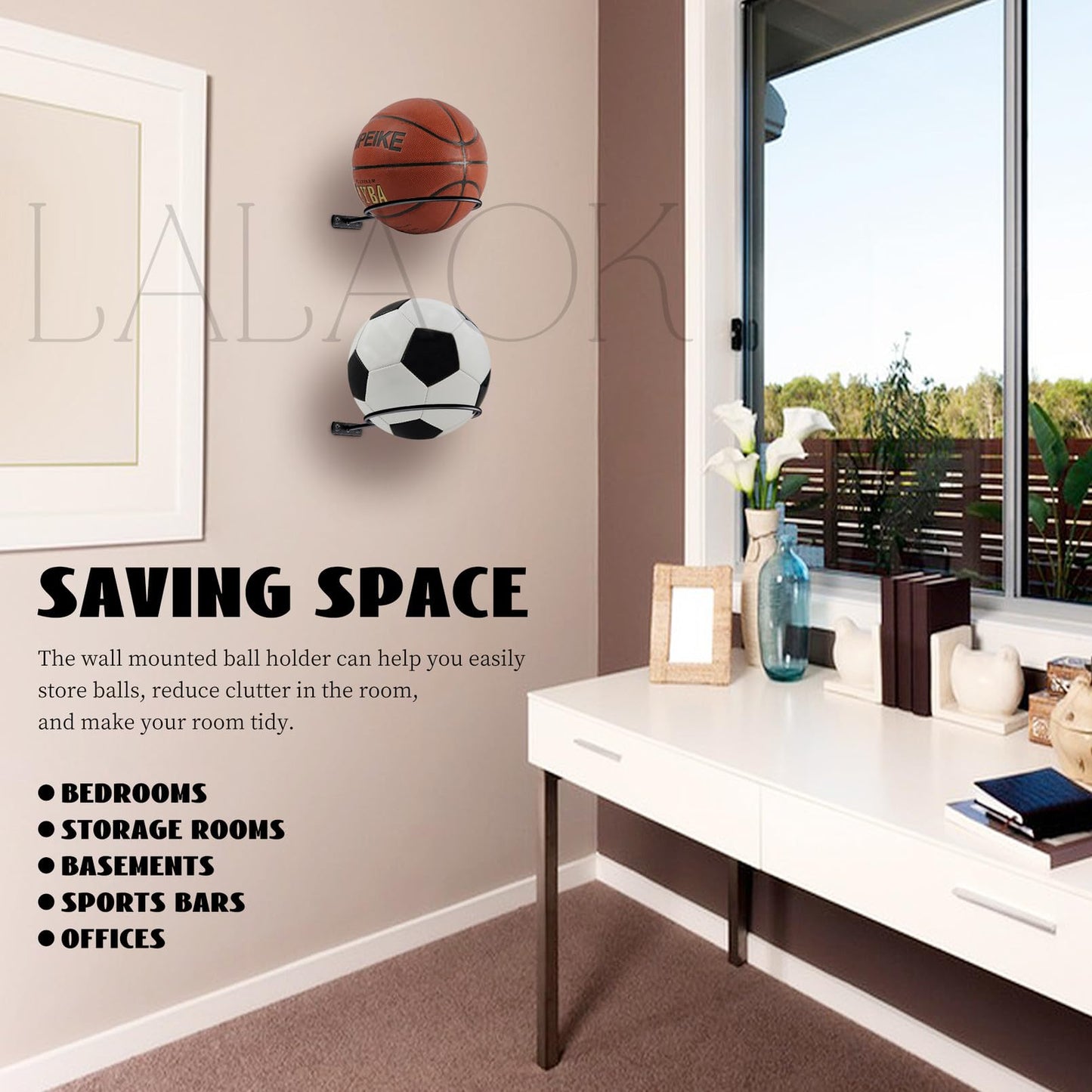 LALAOKS 4Pack 6in Basketball Holder Wall Mount for Basketball, Soccer Ball, Volleyball, Football, Rugby