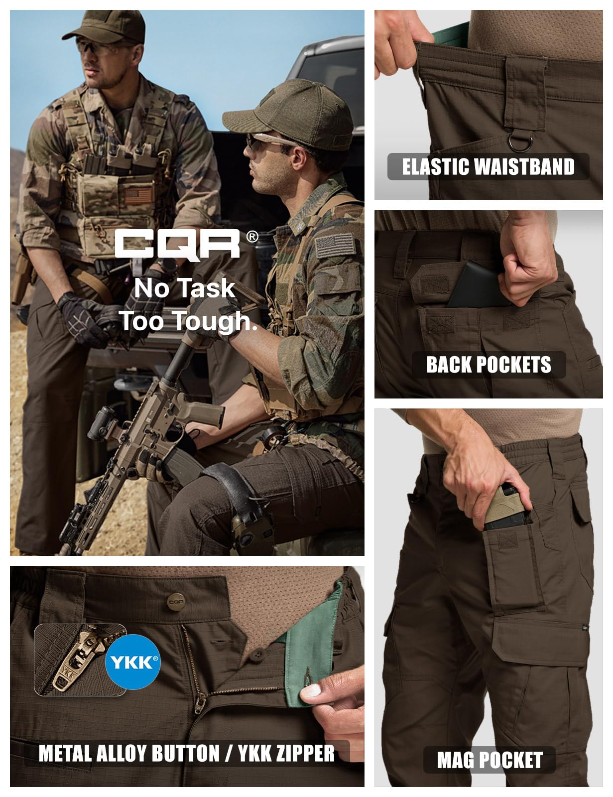CQR Men's Tactical Pants, Water Resistant Ripstop Cargo Pants, Lightweight EDC Work Hiking Pants, Outdoor Apparel, Duratex Mag Pocket Dark Brown, 42W x 30L