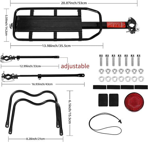 Bike Rear Rack - Universal Rear Cargo Rack for 50kg/110lbs Bikes&Ebikes 24"-29" Aluminum Alloy Adjustable Bike Rack Carrier for Heavy Cargo&Luggage Load