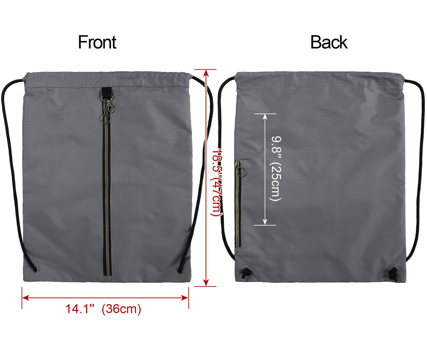 BeeGreen Grey Drawstring Backpack with 3 Zipper Pocket and 2 Inside Pouch，19.2 "x 15" Large Sports Gym Drawstring bag Draw String Bags Pack