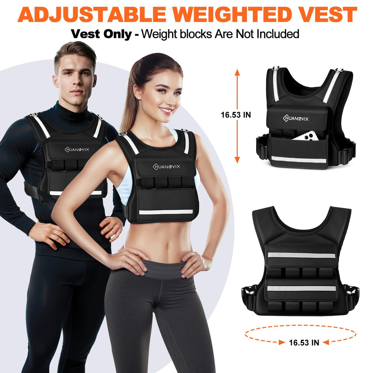Huanovix Weighted Vest, 0-40 LBS Adjustable Weight Vest With Reflective Stripe, No Weights Included, Ultra Thick Shoulder Padding Design Rucking Vest for Walking, Running, Strength Training, Etc