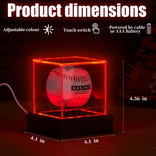 HouseJoy Baseball Display Case with Light, 10 Color LED Baseball Display Stand Wood,UV Protected Clear Cube for Memorabilia Baseball Gifts