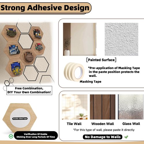 XIFOWE Fashion Medal Holders Display Stand Wall Rack, Honeycomb Wooden Medal Stand Stitching Medal Hanger Display Hexagon Free Stand for Sports Basketball Marathon Championships, Easy to Install-6 Pcs