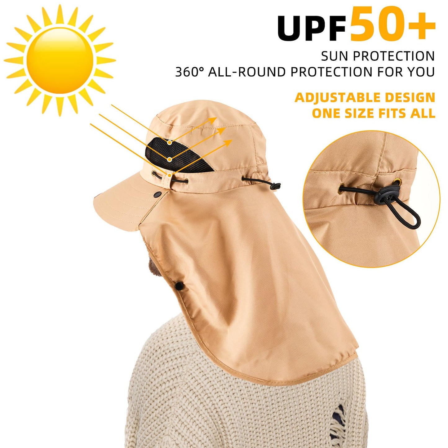 Cuffbow 3 Pcs Sun Hat for Men Women with Neck Flap Breathable Wide Brim Bucket Hat UV Protection UPF 50+ Fishing Hiking(Dark Gray, Gray, Khaki)