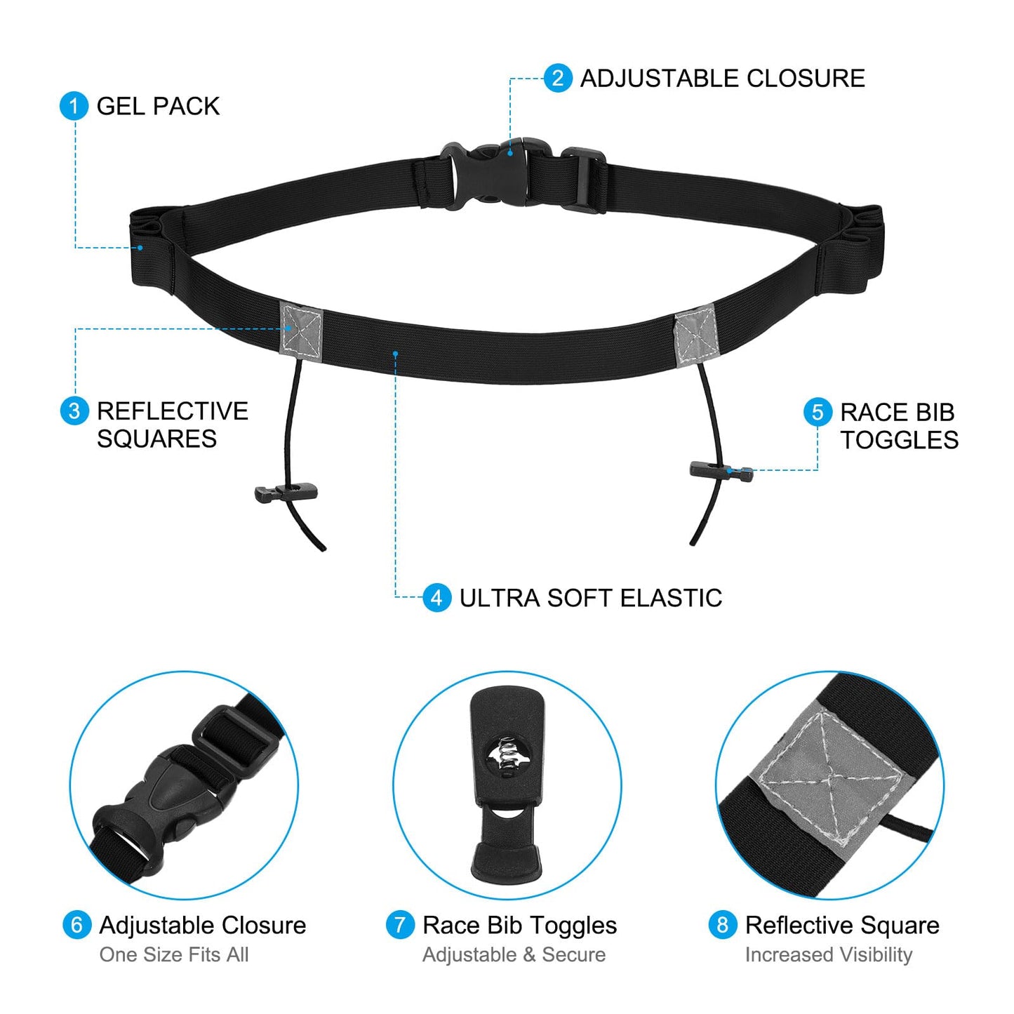 PATIKIL Elastic Triathlon Running Belt, 2 Pack Adjustable Race Number Belt Race Belt Bib Holder with 6 Energy Gel Loops for Marathons Racing Cycling, Black