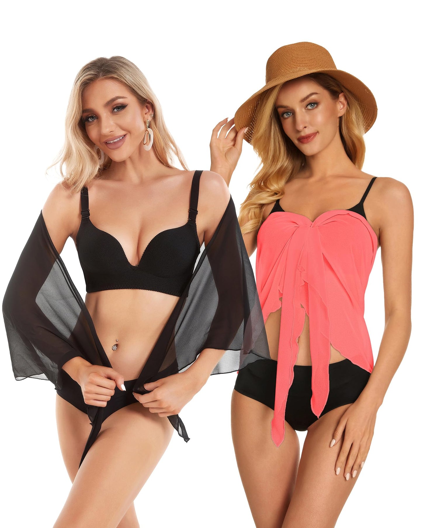 2 Pieces Sarong Cover Ups for Women Beach Bathing Suit Wrap Sheer Short Skirt Bikini Chiffon Scarf for Swimwear (Black and Fluorescent Orange)