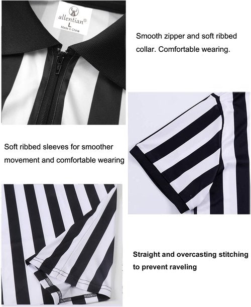 allentian Referee Shirt for Men, Official Black & White Stripe Referee/Umpire Jersey, Pro-Style Zipper-Neck Referee Uniform, Basketball, Football, Soccer Ref Shirt (M)