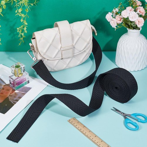 BENECREAT 5 Yards Polycotton Webbing, 1-1/2 Inch Wide Black Jacquard Webbing with V Pattern Flat Webbing for Webbing Bag Handles,Tote Bag Webbing, Fabric Tape