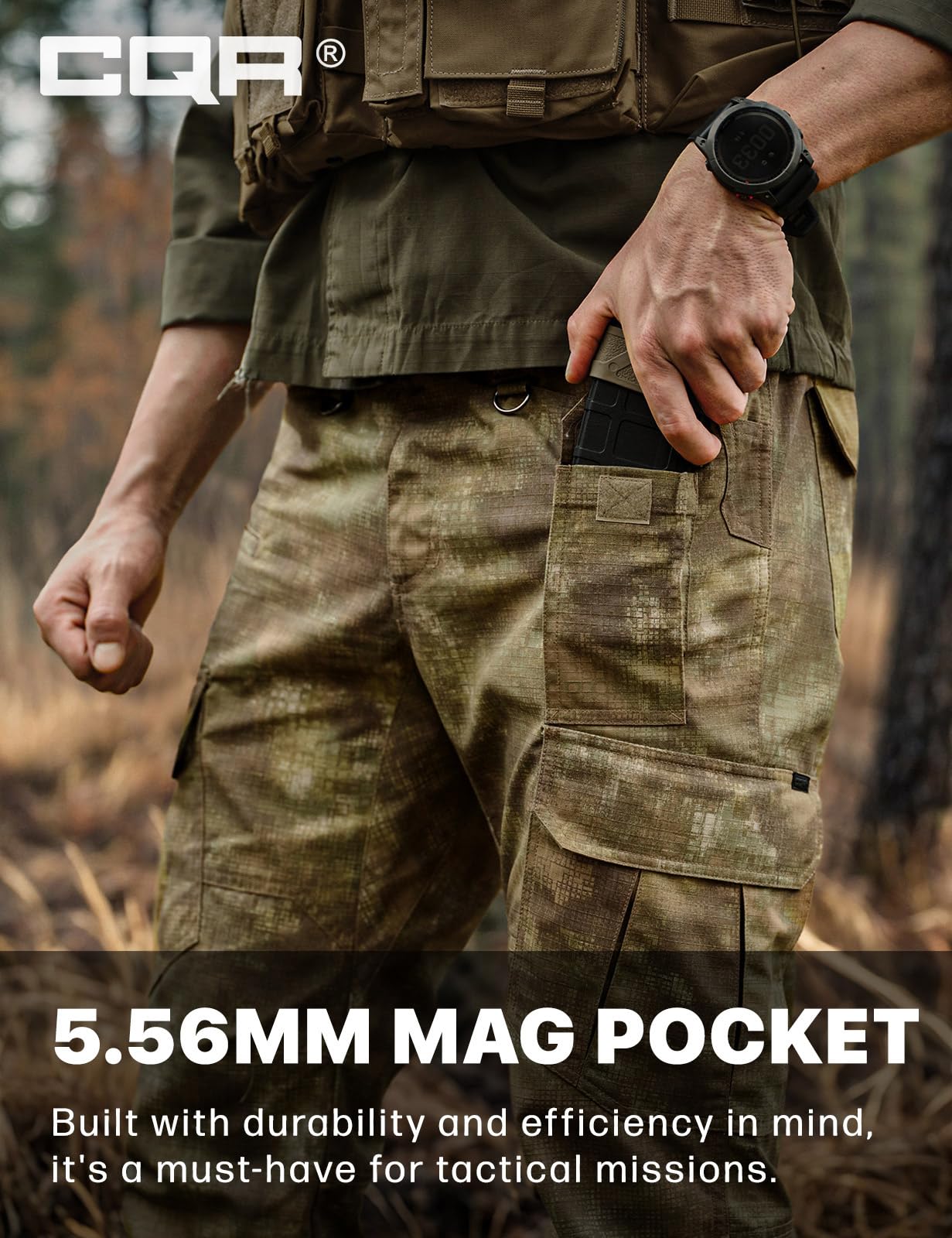 CQR Men's Tactical Pants, Water Resistant Ripstop Cargo Pants, Lightweight EDC Work Hiking Pants, Outdoor Apparel, Duratex Mag Pocket Print Fractal Camo, 34W x 34L