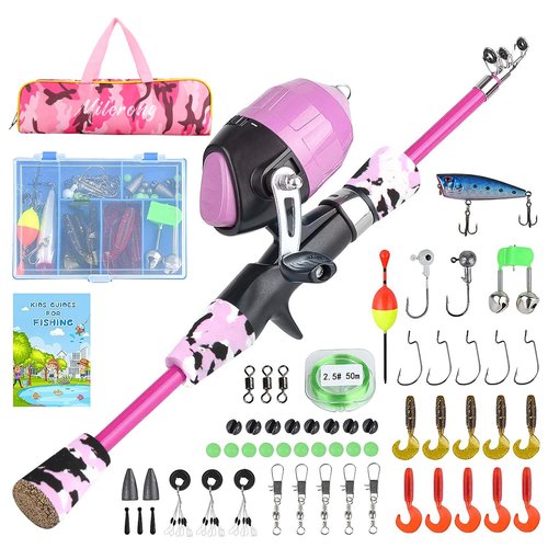 Milerong Kids Fishing Rod, Kids Toys Fishing Pole Portable Telescopic Fishing Rod and Reel Combo Kit for Boys, Girls, Youth - with Spincast Fishing Reel, Fishing Tackles, Lures, Fishing Lines [Pink]