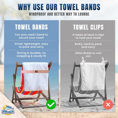 6 Pack Towel Bands for Beach Chair, Pool & Cruise Lounge Chairs, Extra Durable, No Snapping, Cruise Ship Essentials, Great Alternative to Towel Clips. Beach Must Haves