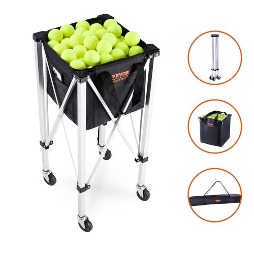 VEVOR Foldable Tennis Ball Hopper, Holds 150 Tennis Balls, Lightweight Aluminum Alloy Tennis Ball Basket Cart with Wheels, Removable Bag,Carry Bag, Portable Sports Teaching Cart for Tennis Player